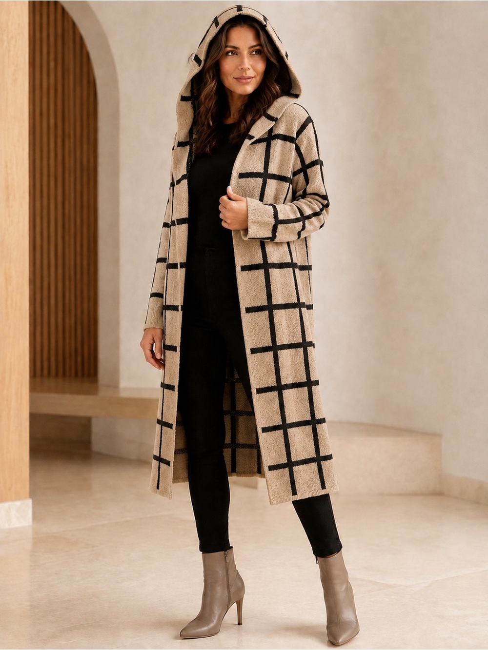 Long Hooded Grid-Pattern Cardigan - Camel/Black Size S